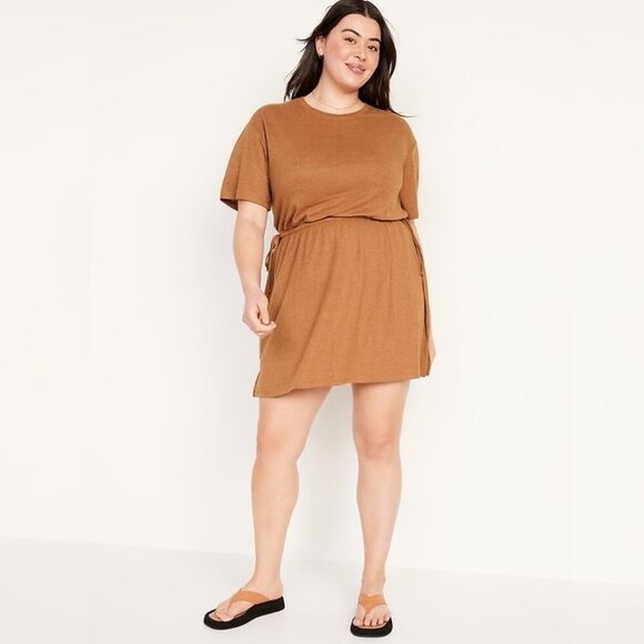 2/$30 Old Navy Waist-Defined Linen-Blend Mini Dress Sisal Large #8872 - Picture 1 of 14
